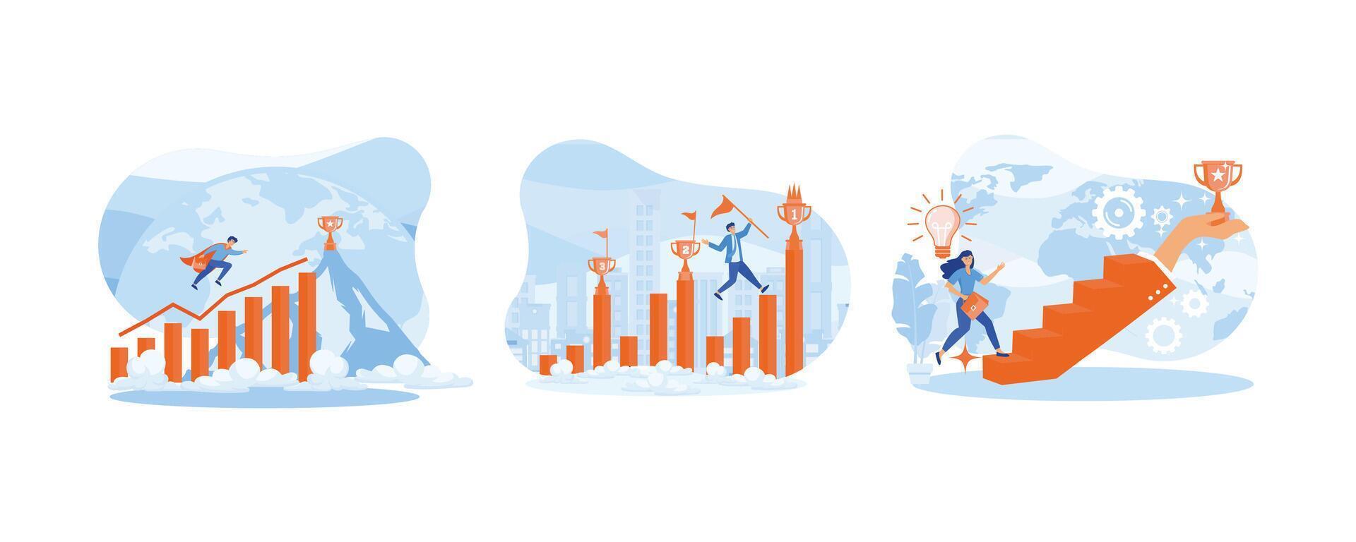 Businessman jumping on the graph to goal. Business idea.  Inspiration for success. Set flat vector modern illustration