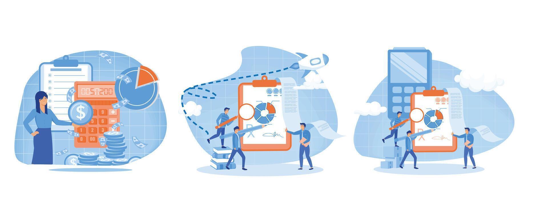 Calculation, bookkeeping investment money concept. Accounting and Bookkeeping. Organizing Accounting, Financial, Banking Data. Set flat vector modern illustration