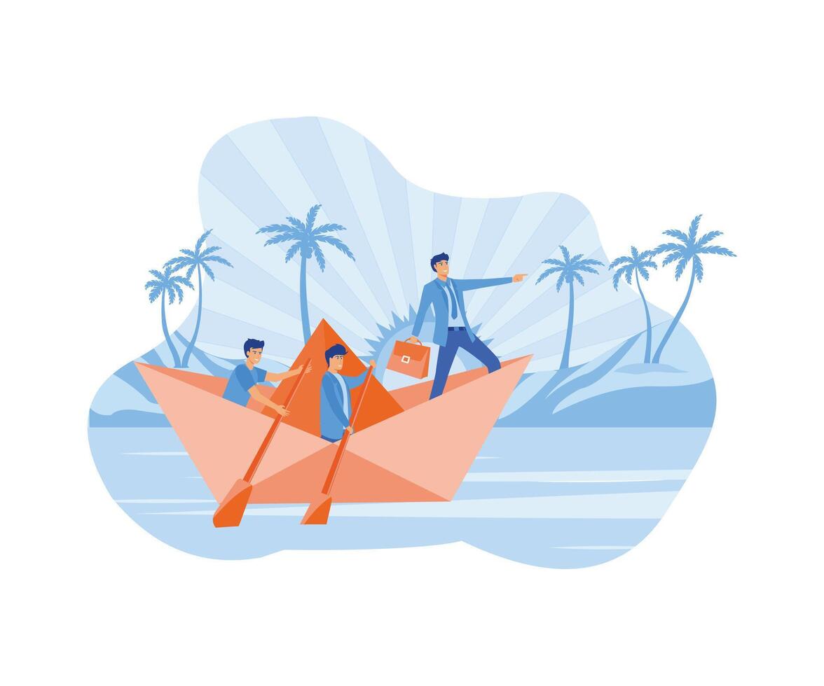 Leadership Concept.  Businessman leader with binoculars lead business team sailing origami ship.  flat vector modern illustration