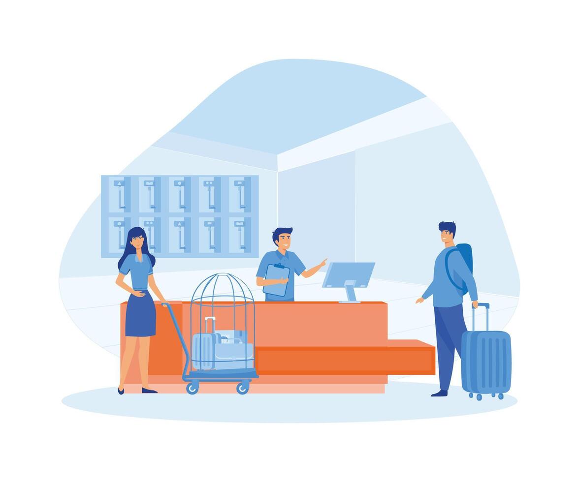 Hotel reception concept. Tourist or traveller people standing at desk in office lobby room interior, guests talking with receptionist. flat vector modern illustration