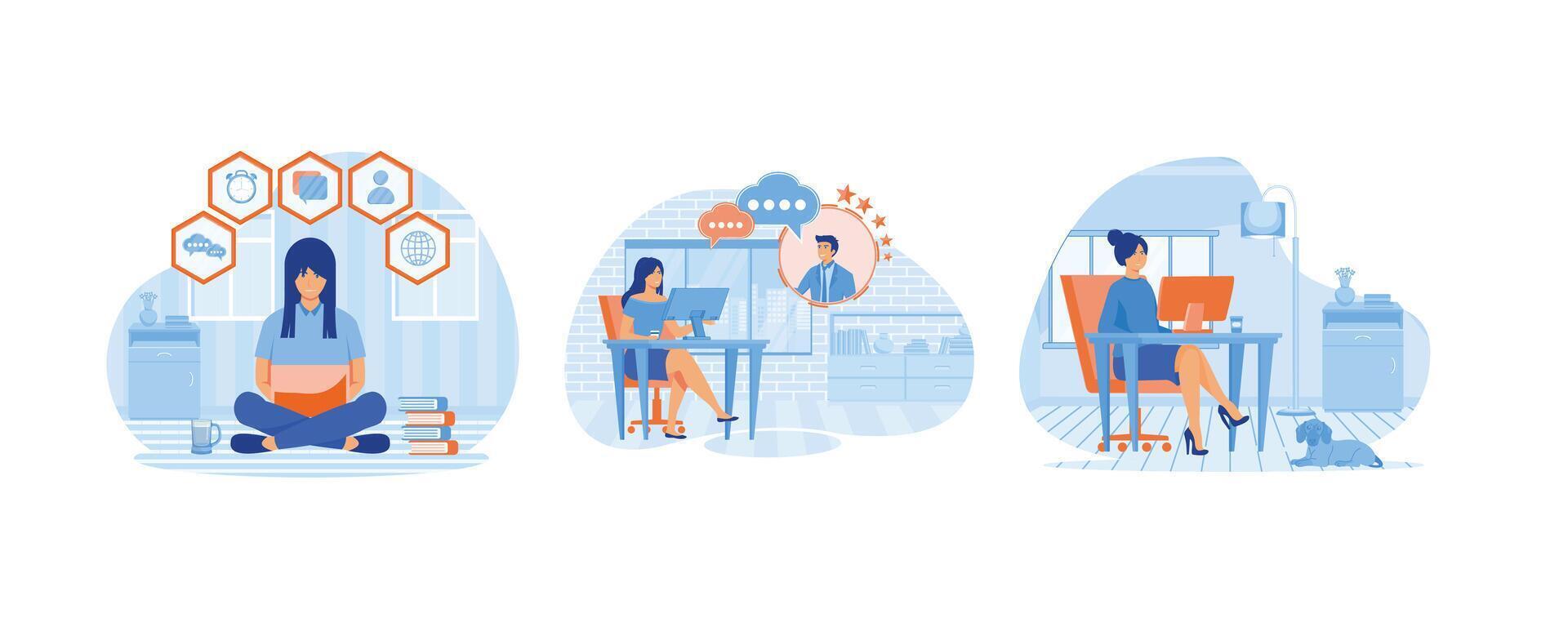 Woman works from home with laptop. Talking with Colleagues Online. Woman sitting at desk in room, looking at computer screen. Set flat vector modern illustration