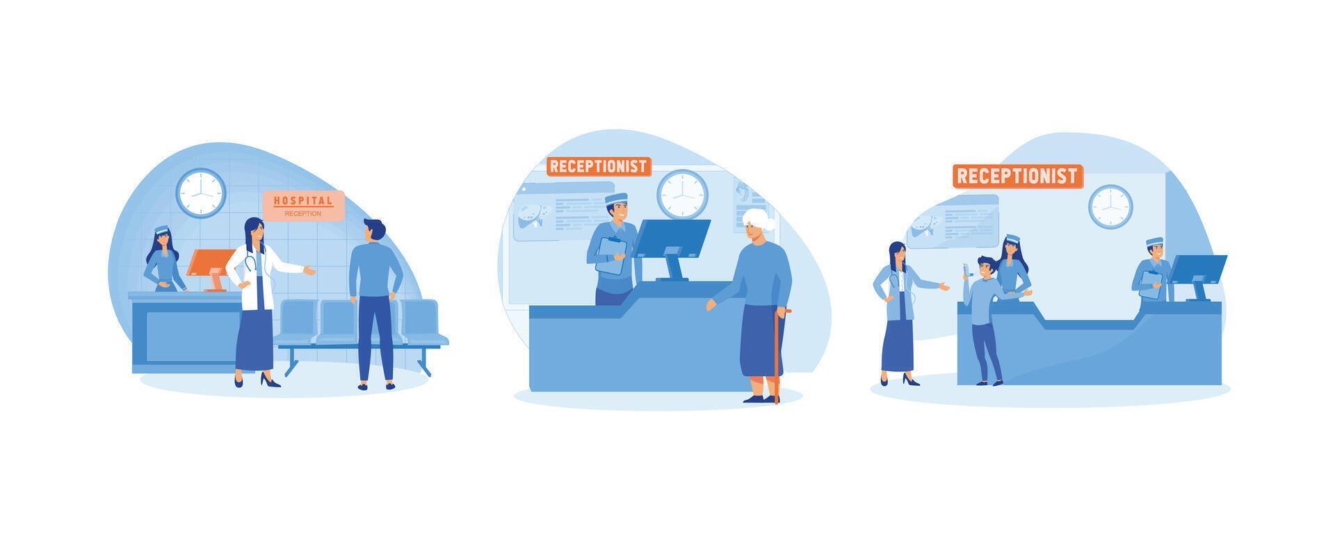 Hospital receptionist. Hospital receptionist giving old woman information. Reception in hospital with patients. Set flat vector modern illustration