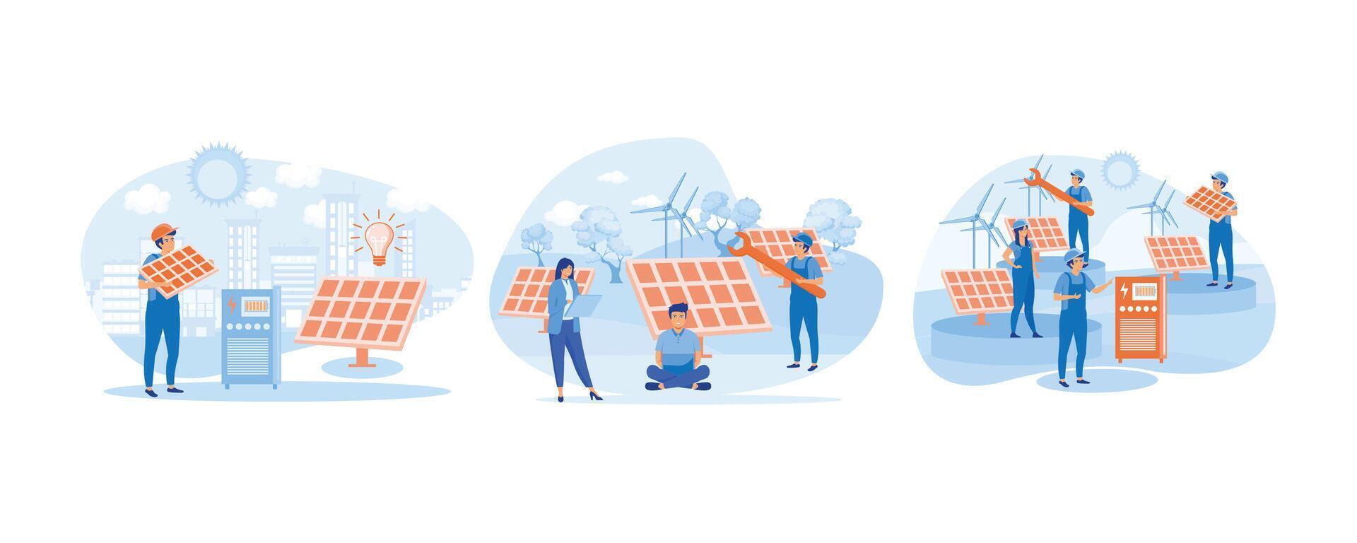 Solar panel installation concept. Installing solar modules. Scene with professional team and panels. Set flat vector modern illustration