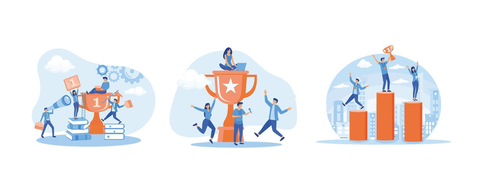 Success team concept. People near the trophy celebrating achieving success. People standing on the podium rank first three places, jumps in the air with trophy cup. Set flat vector modern illustration