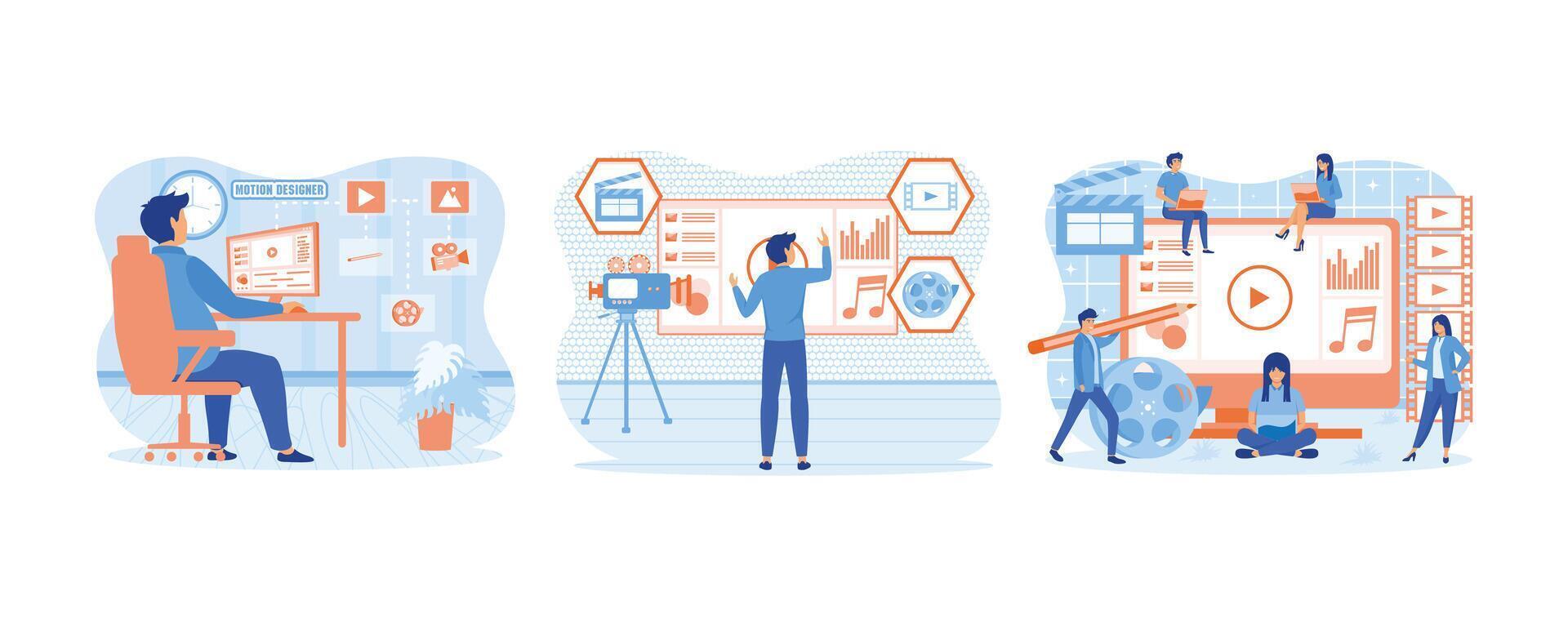 Motion designer animator working on computer creating animated video. Multimedia content, video post production. Motion design studio. Set flat vector modern illustration