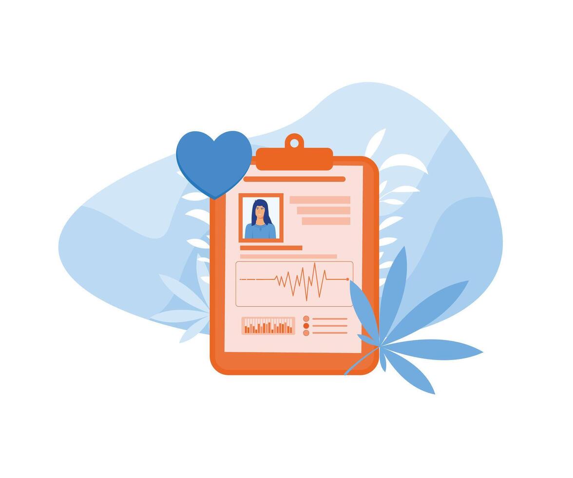 Tablet with patient's photo, cardiogram and health indicators for monitoring. Concept of medical record, history or profile, information for diagnostics. flat vector modern illustration