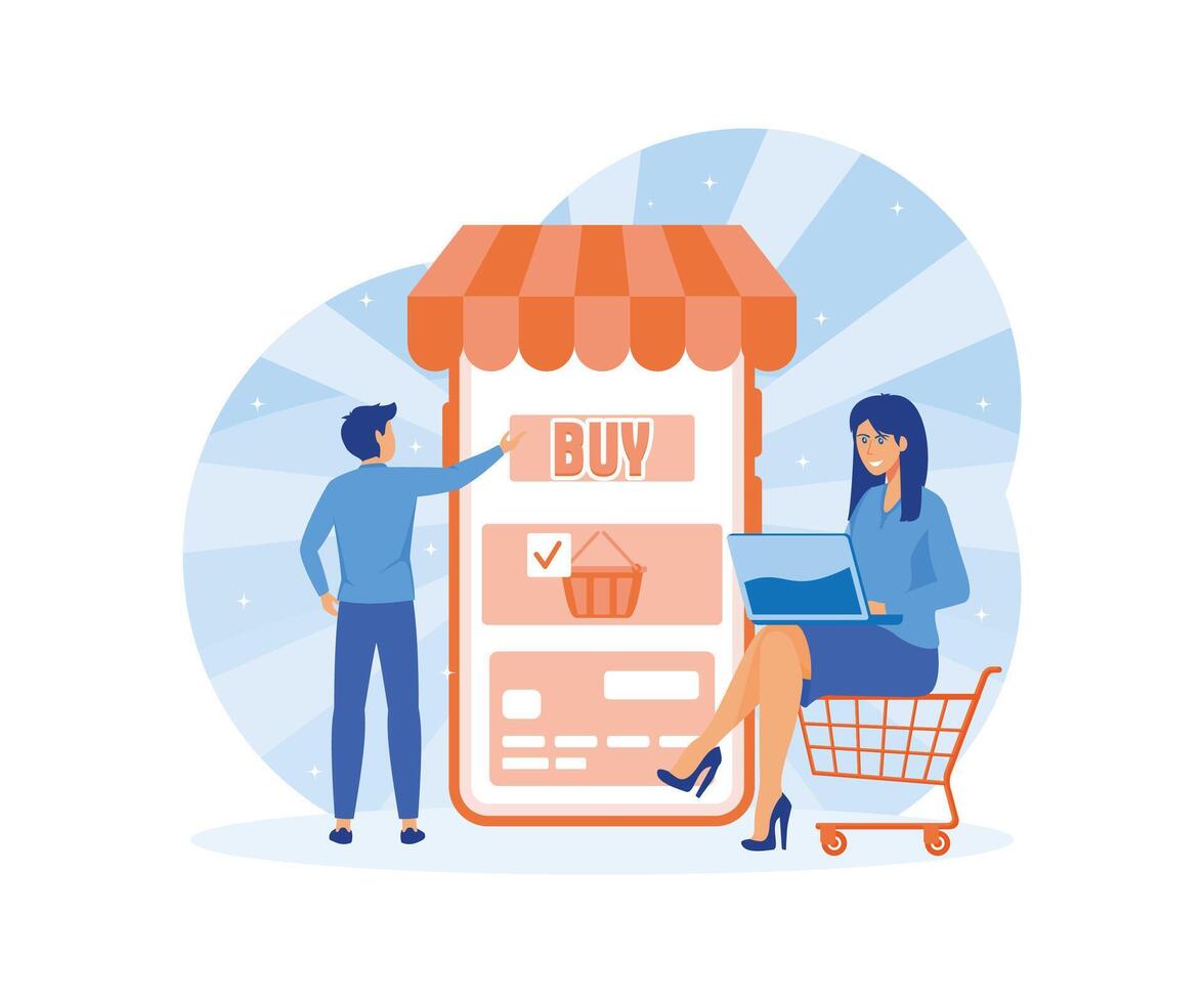 personas tienda en línea. en línea Tienda con móvil. hombre y niña son compras mediante teléfono inteligente y ordenador portátil. plano vector moderno ilustración