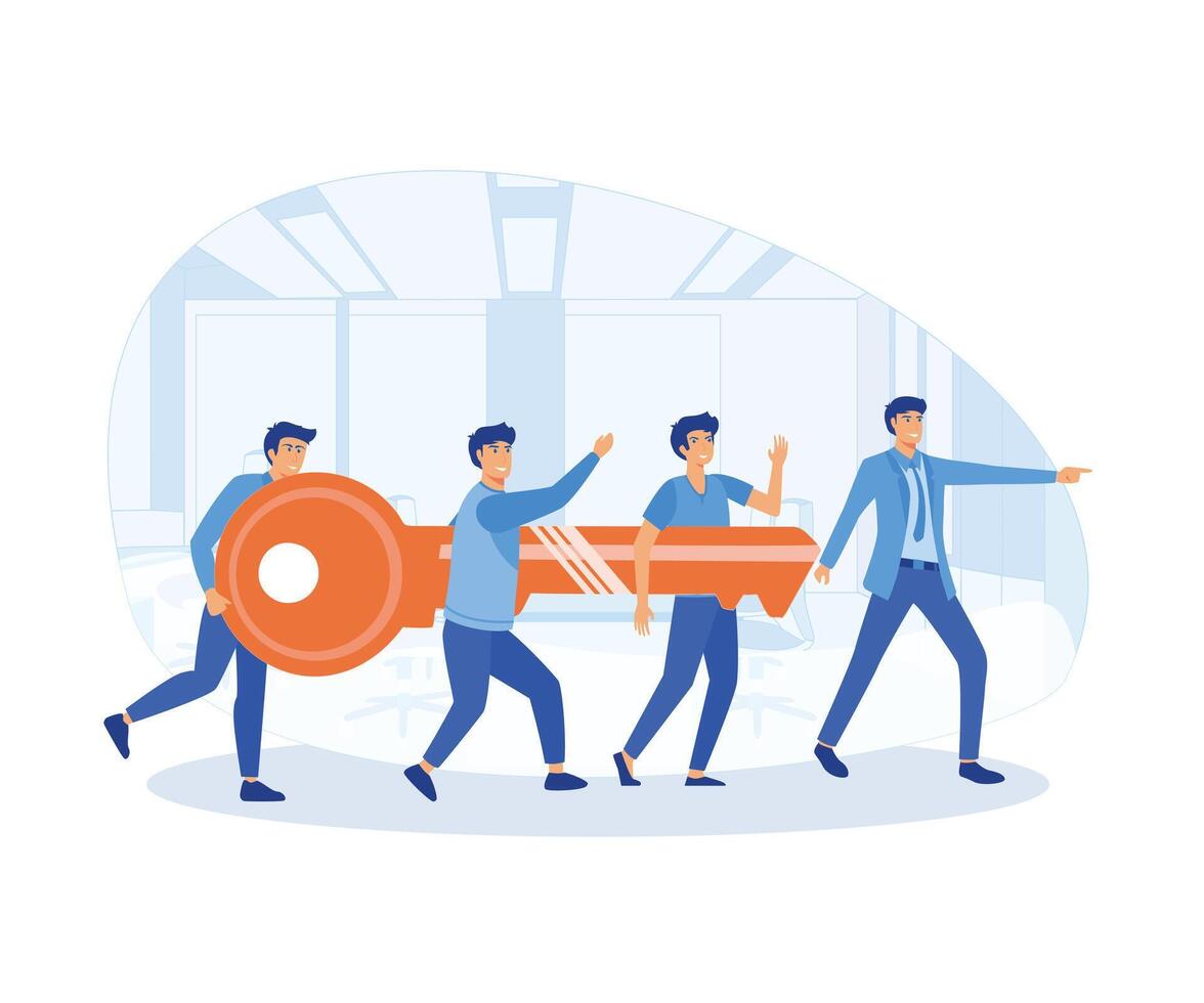 Teamwork Concept. Businessman and other entrepreneurs go to the door with the key. flat vector modern illustration