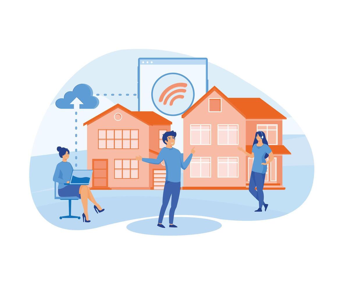 Smart home concept, internet wifi, data transfer, communication, connecting apartment buildings to the internet, control via tablet. flat vector modern illustration