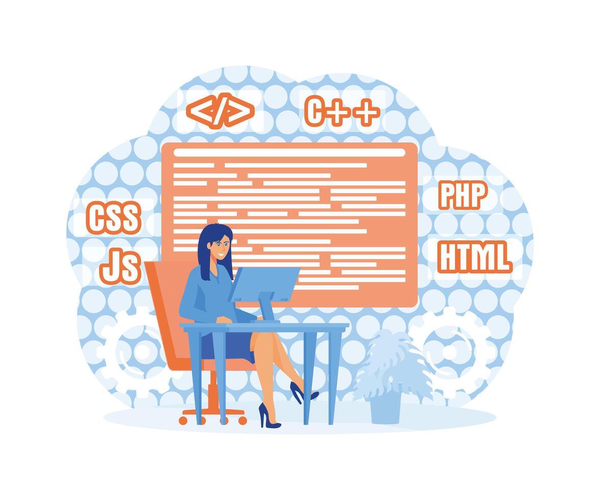 Programming and engineering development. Girl programmer or developer create code programming language. flat vector modern illustration