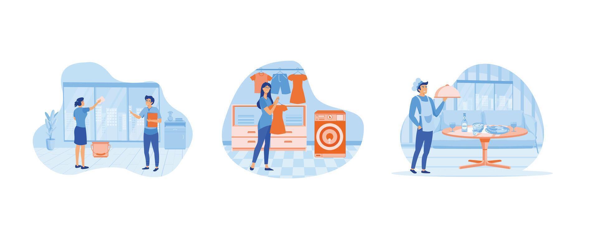Hotel business concept. Laundry service, maid ironing guests shirt. Waiter serving at banquet. Set flat vector modern illustration