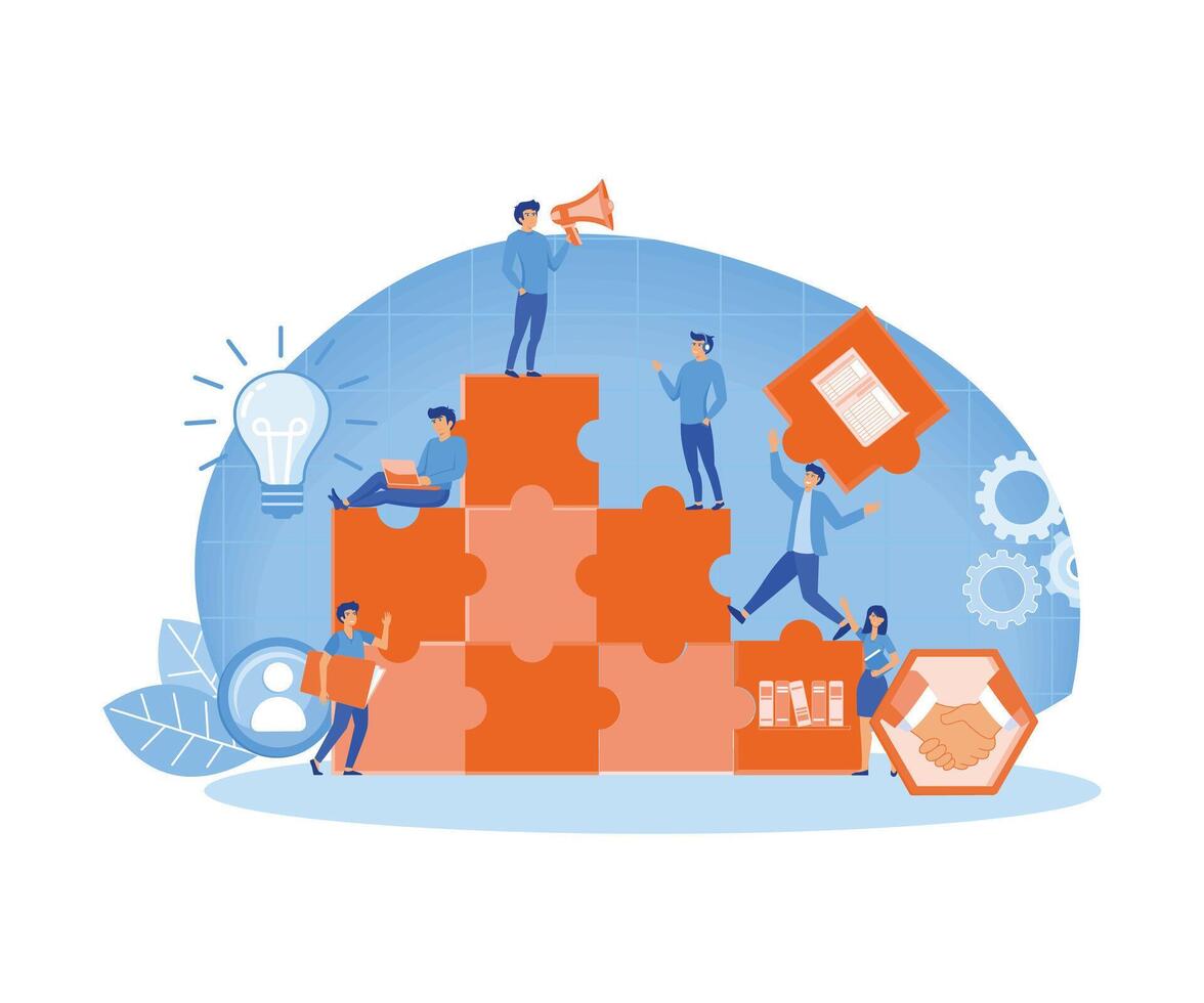 The concept of joint teamwork, building a business team, people connecting pieces of puzzles. Metaphor of cooperation and business partnership. flat vector modern illustration