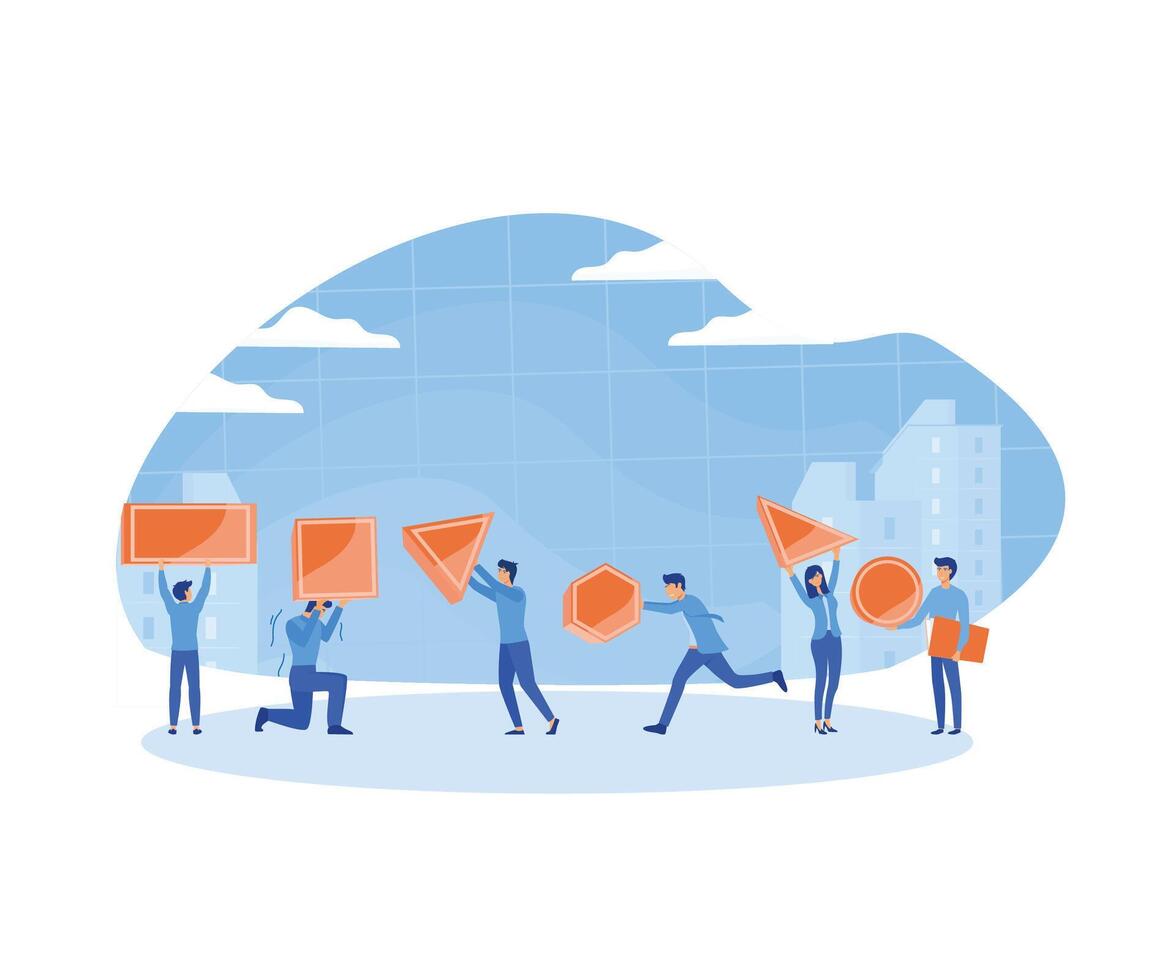 Teamwork Cooperation, Collective Work, Partnership Concept. Diverse Businesspeople, Office Employees Group Set Up Huge Separated Abstract Puzzle Pieces Together. flat vector modern illustration