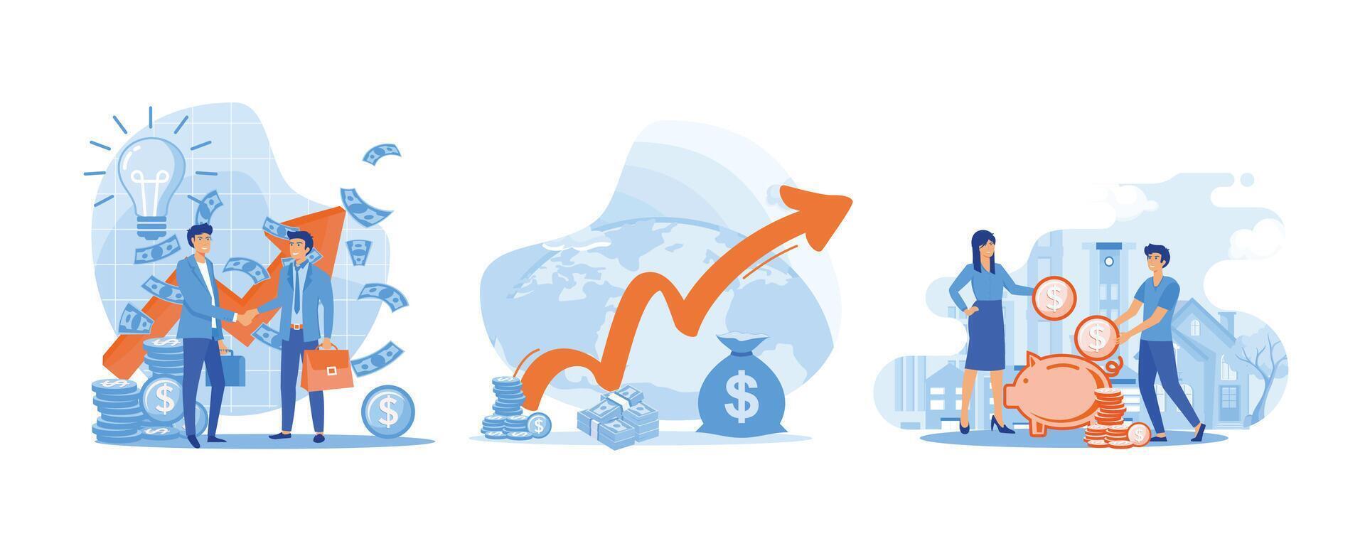 Making financial deal. Income growth chart. Married Couple Save Coins in Piggy Bank. Set flat vector modern illustration