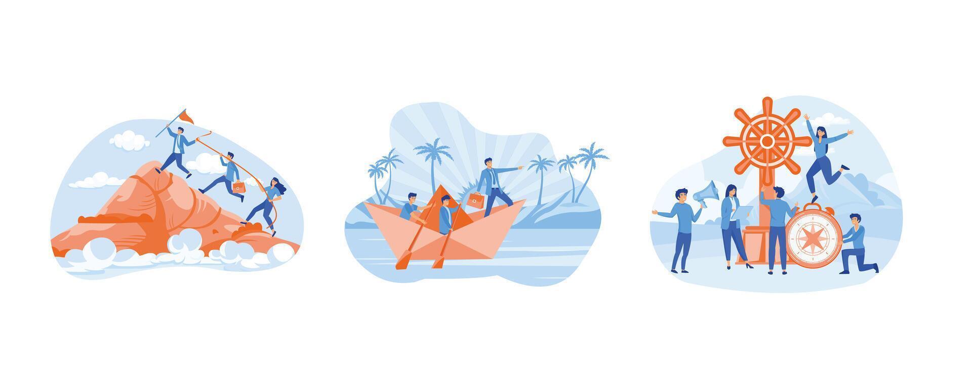 Leadership Concept. Businessman leader with binoculars lead business team sailing origami ship. Leadership qualities in a creative team. Set flat vector modern illustration