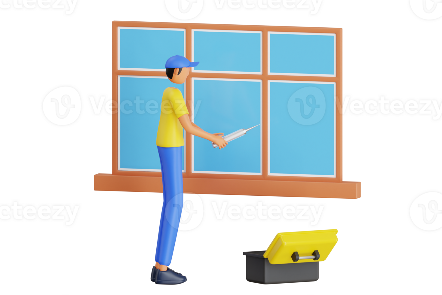 Worker installing window panel 3D Illustration. Windows installer 3d illustration png