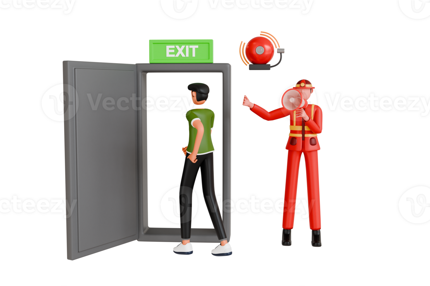 3d Illustration von Feuerwehrmann mit Megaphon zu warnen Personen. Feuerwehrmann mit Megaphon kündigt an Feuer Notfall Evakuierung Alarm png