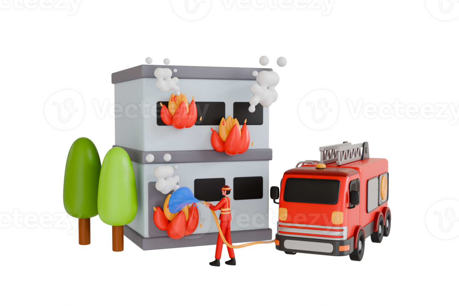 3d illustration of firefighters putting out house fire. firefighters trying to put out burning house. 3d illustration png