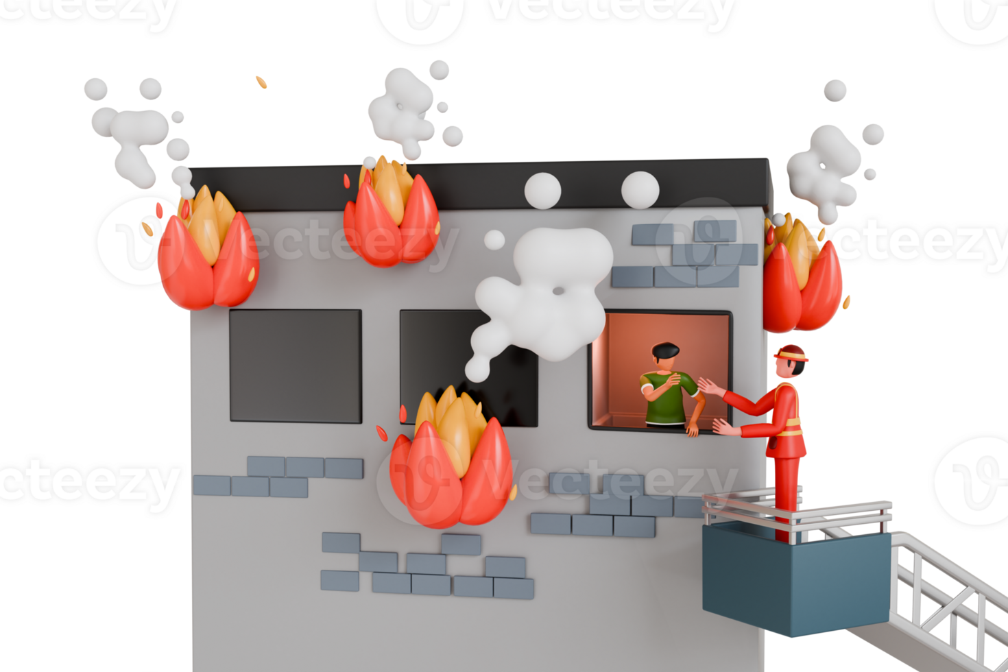 3D Illustration of Fireman Rescuing Man Trapped in Burning House. Firefighter rescue man from fire 3d illustration png