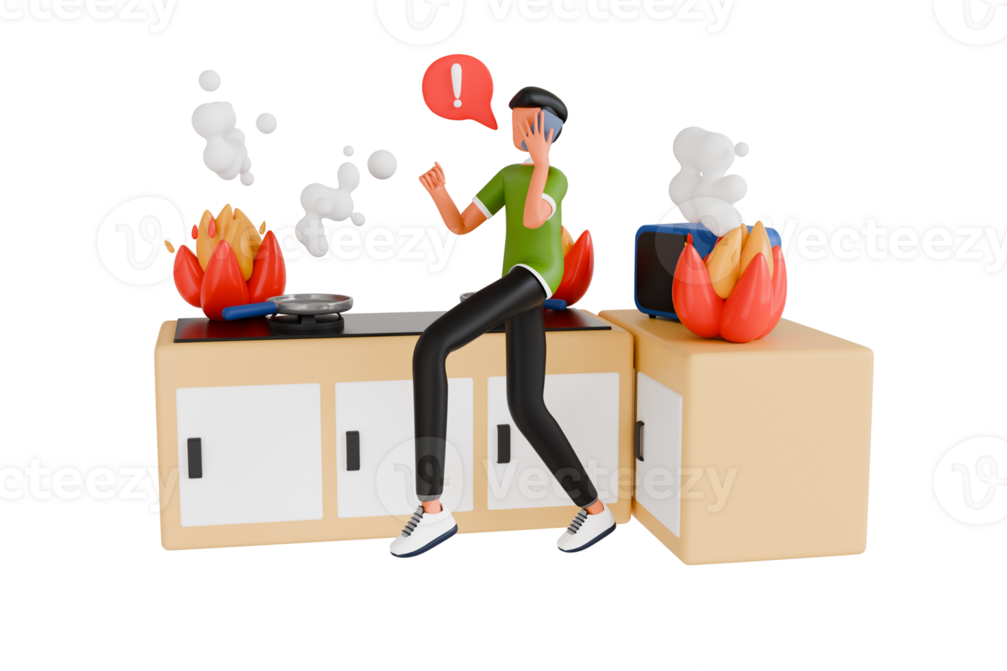 3d illustration of Boy calling fire emergency service due to fire in kitchen. fire emergency service 3d illustration png