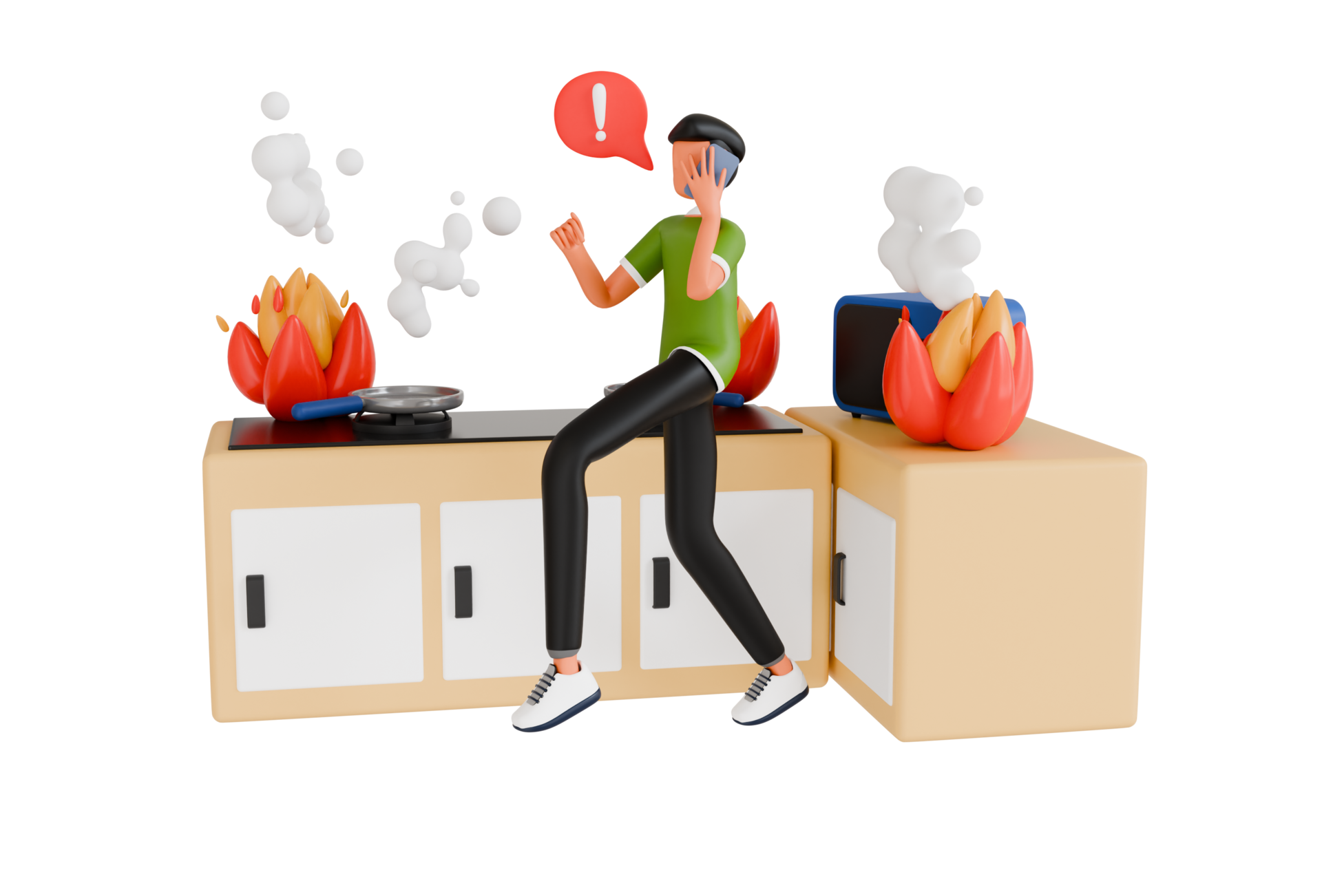 3d illustration of Boy calling fire emergency service due to fire in 