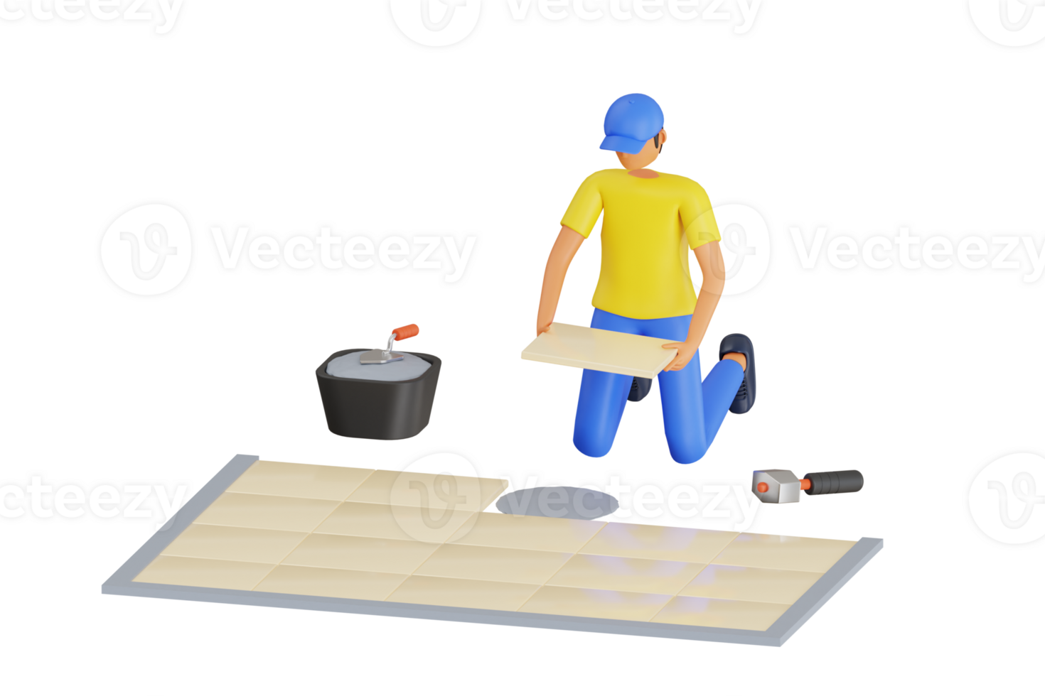 installing ceramic floor tiles 3d illustration. Laying the ceramic tile on the floor png