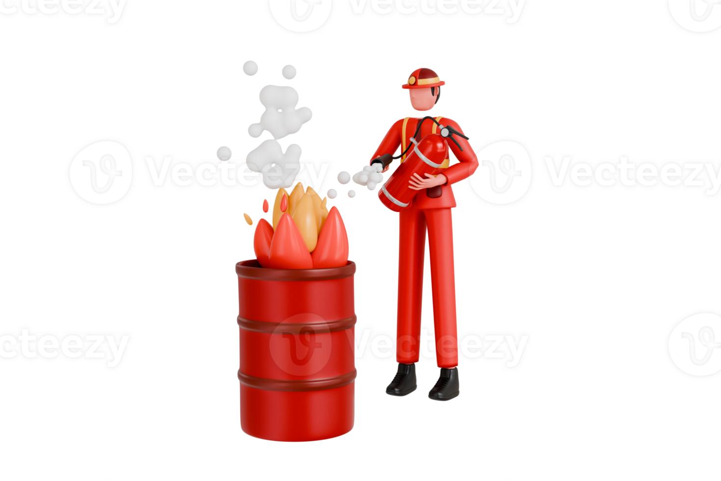 3D Illustration of Fireman Hold Extinguisher Wearing Uniform And Helmet. Extinguish fire 3d illustration png