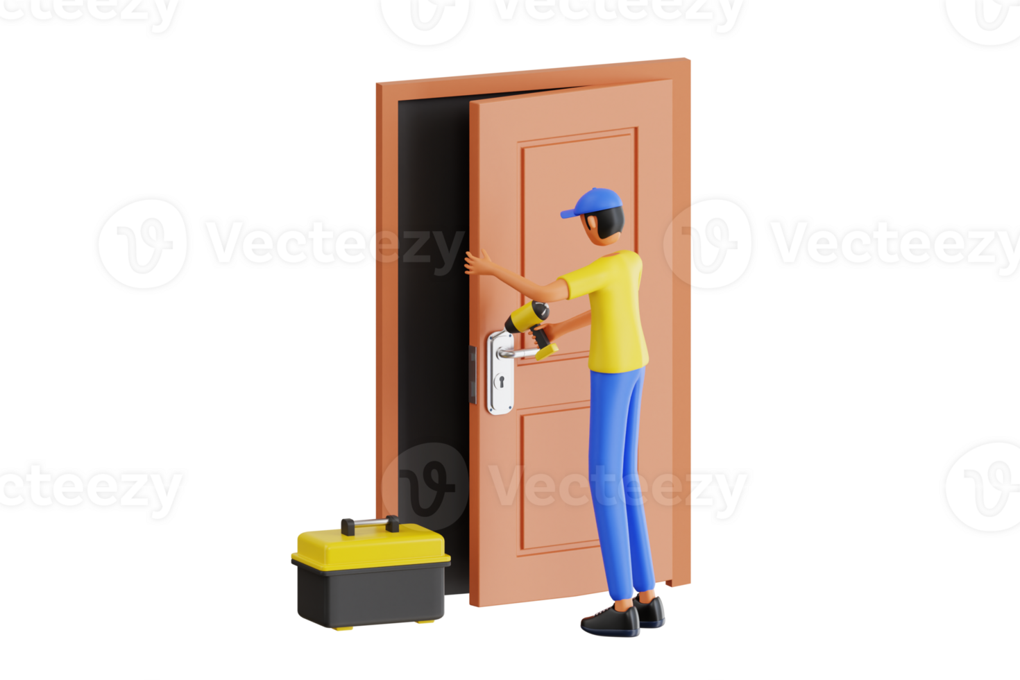 Man is repairing the door 3d illustration. Door service 3d illustration png