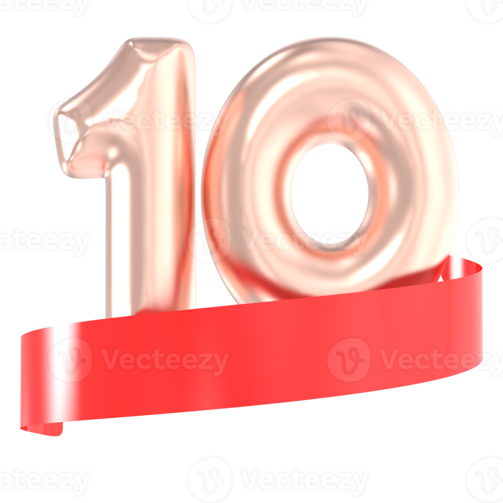 Anniversary Balloon 10 Number Gold 3D Rendering png