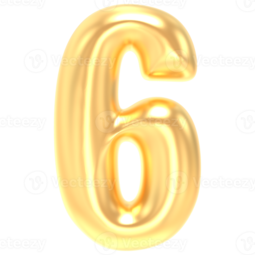 Gold 6 Number 3D Rendering png