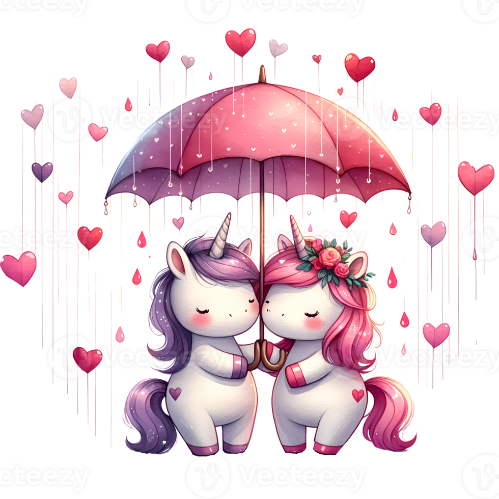 AI generated couple of unicorns in love with umbrella and hearts png