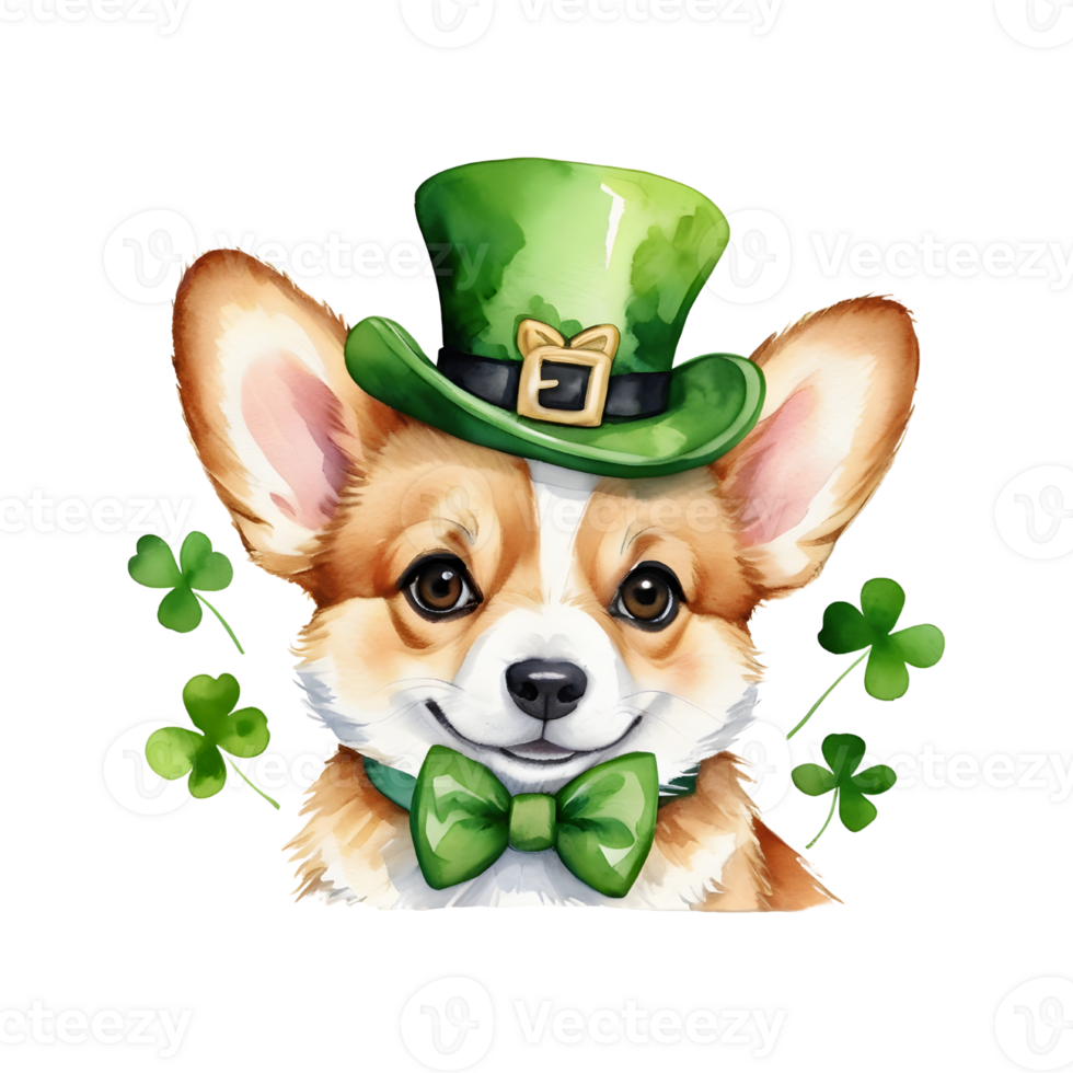 ai generiert süß Corgi Hund tragen Grün Bogen Krawatte und Kobold Hut im st. Patrick's Tag isoliert auf transparent Hintergrund png