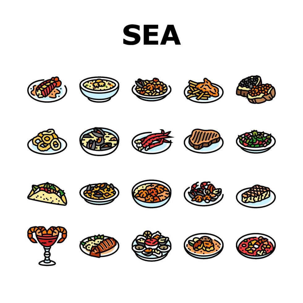 sea cuisine italian cook greece icons set vector