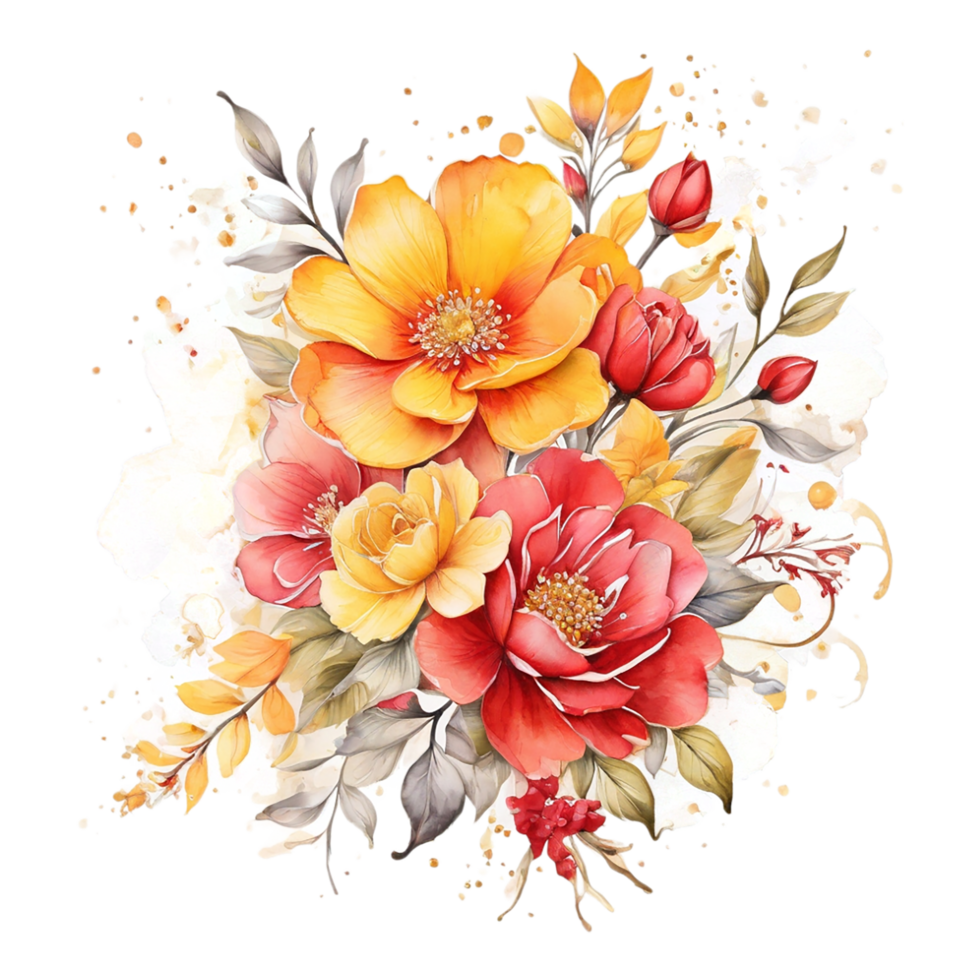 AI generated Watercolor Floral Flower Bouquet Design, Watercolor Flower Arrangements design, gilter Flower Design, Flower Sublimation Floral Clipart Wedding card design, Free PNG