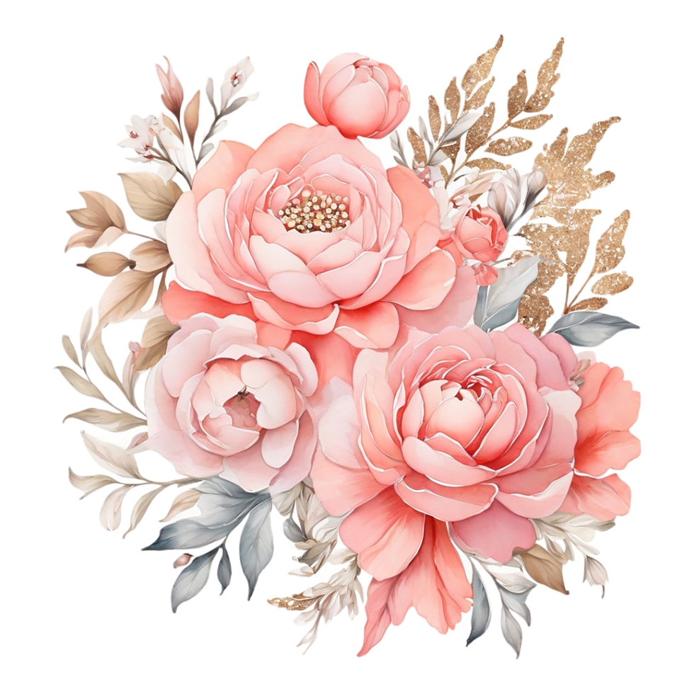 AI generated Watercolor Floral Flower Bouquet Design, Watercolor Flower Arrangements design, gilter Flower Design, Flower Sublimation Floral Clipart Wedding card design, Free PNG