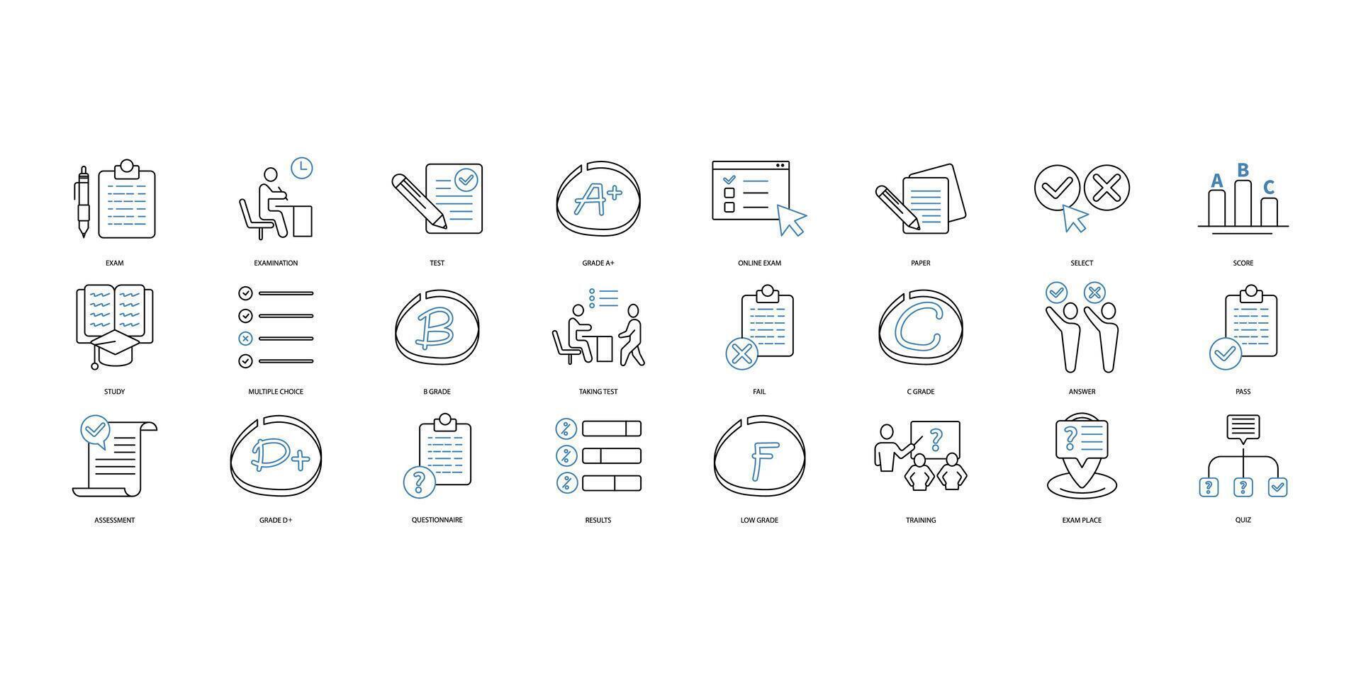 Exam icons set. Set of editable stroke icons.Vector set of Exam vector