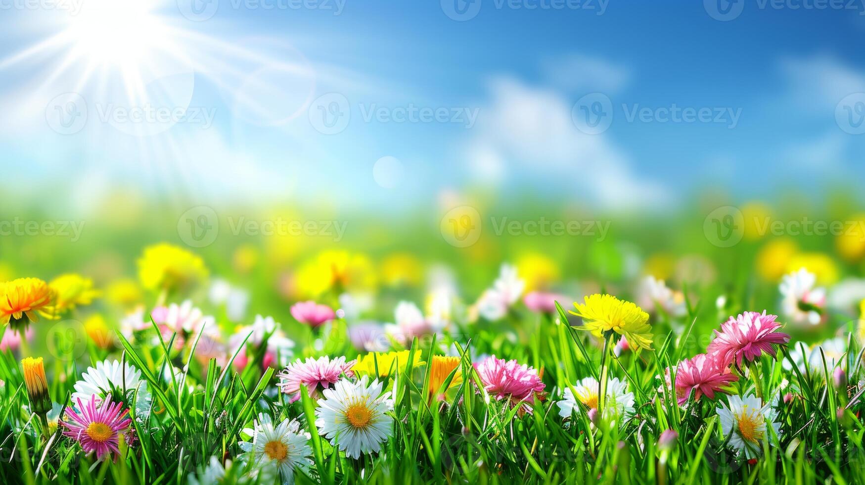 AI generated Blooming spring meadow with white   pink daisies, yellow dandelions, blue sky, copy space for text photo