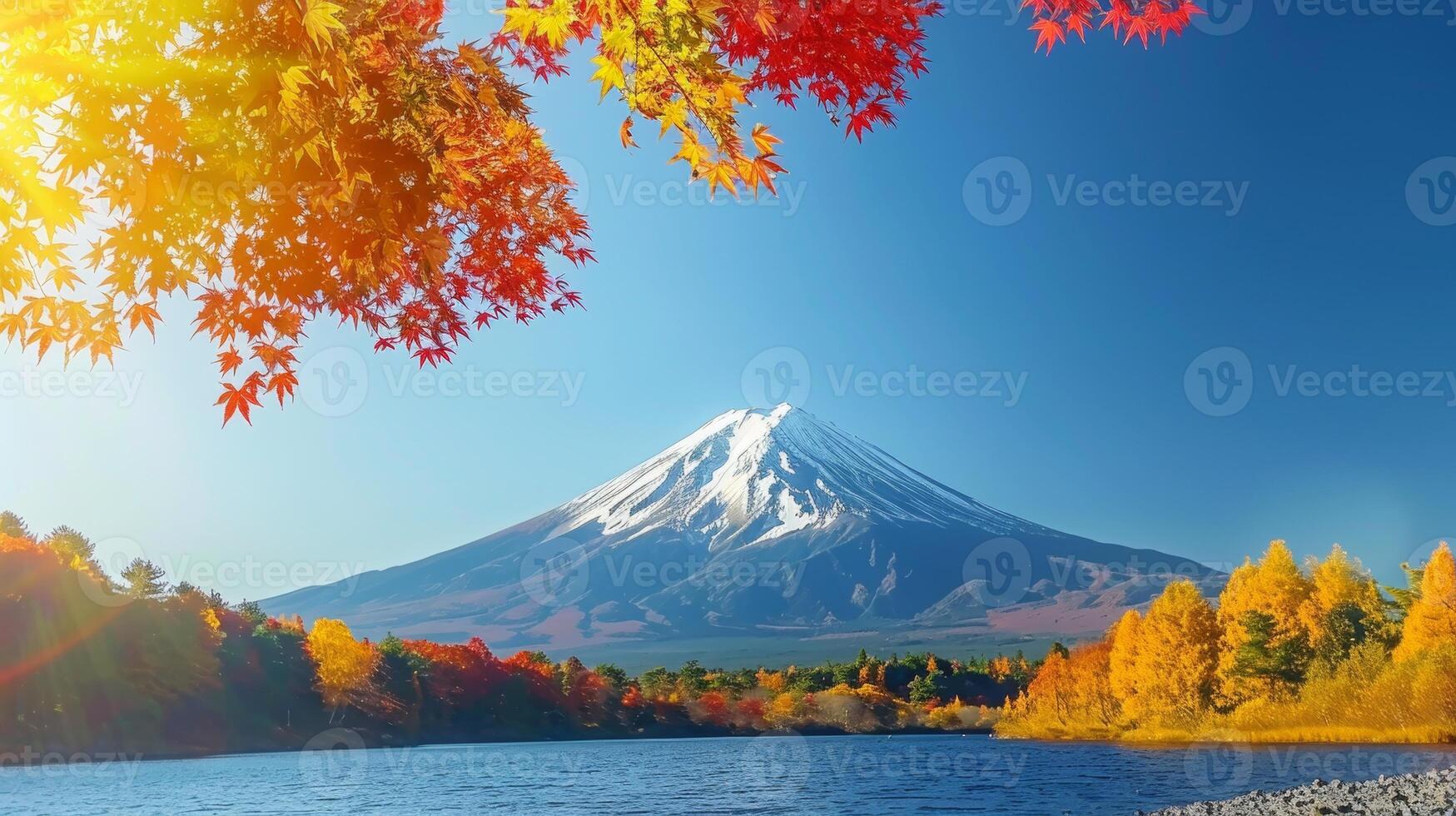 AI generated Snow capped mtfuji  tokyo s tallest volcano with autumn red trees, perfect backdrop for wallpapers photo