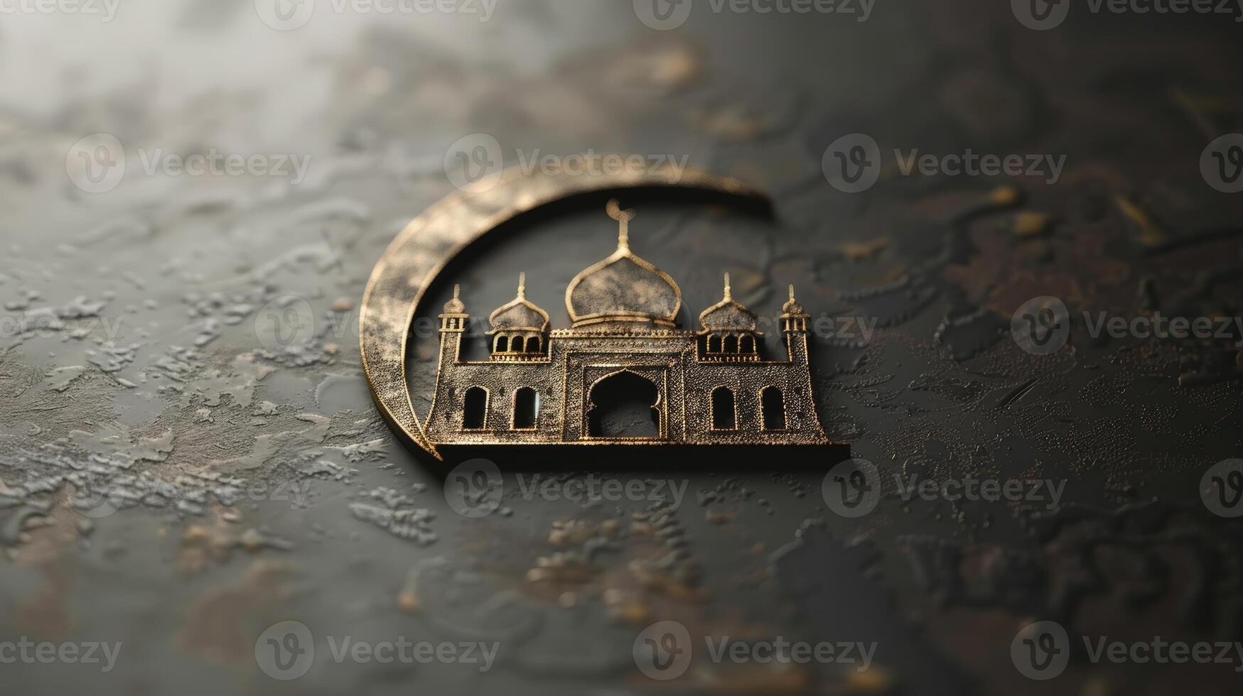 AI generated Minimalist mosque silhouette with crescent moon and golden lines on dark background photo