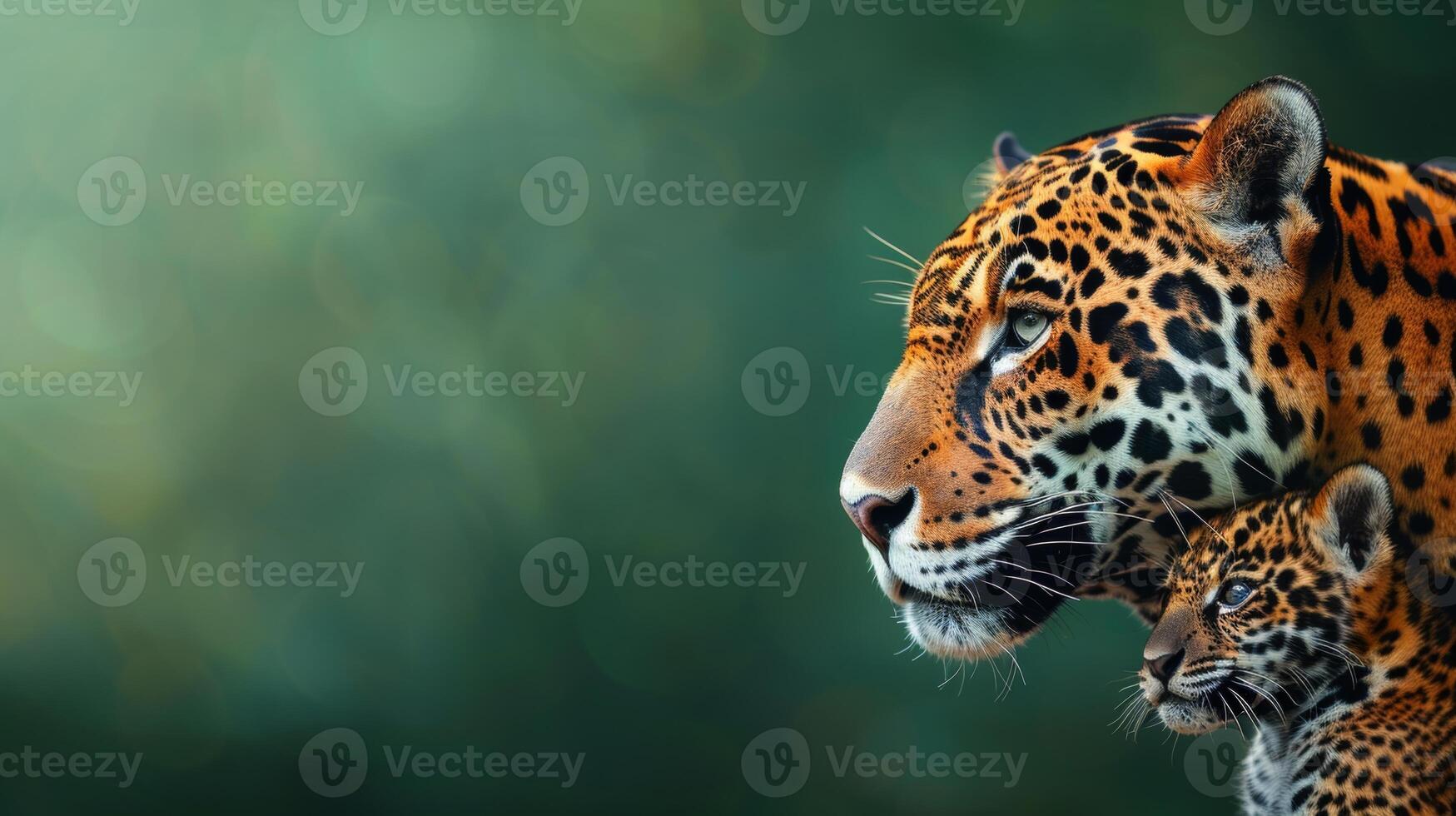 AI generated Male jaguar and cub portrait, object on right, large empty space on left for text placement photo