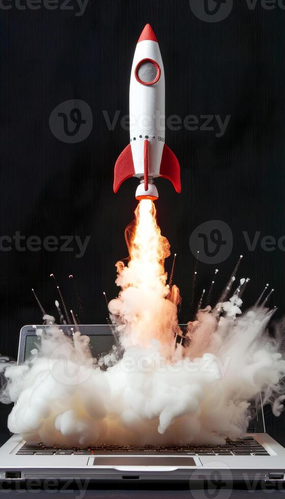 AI generated Laptop launching rocket, symbolizing start up success with dramatic smoke, ideal for new businesses photo