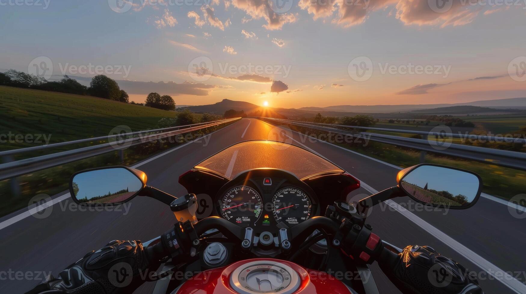 AI generated Motorcyclist s point of view  speeding on highway at sunset, thrilling motorcycle ride photo