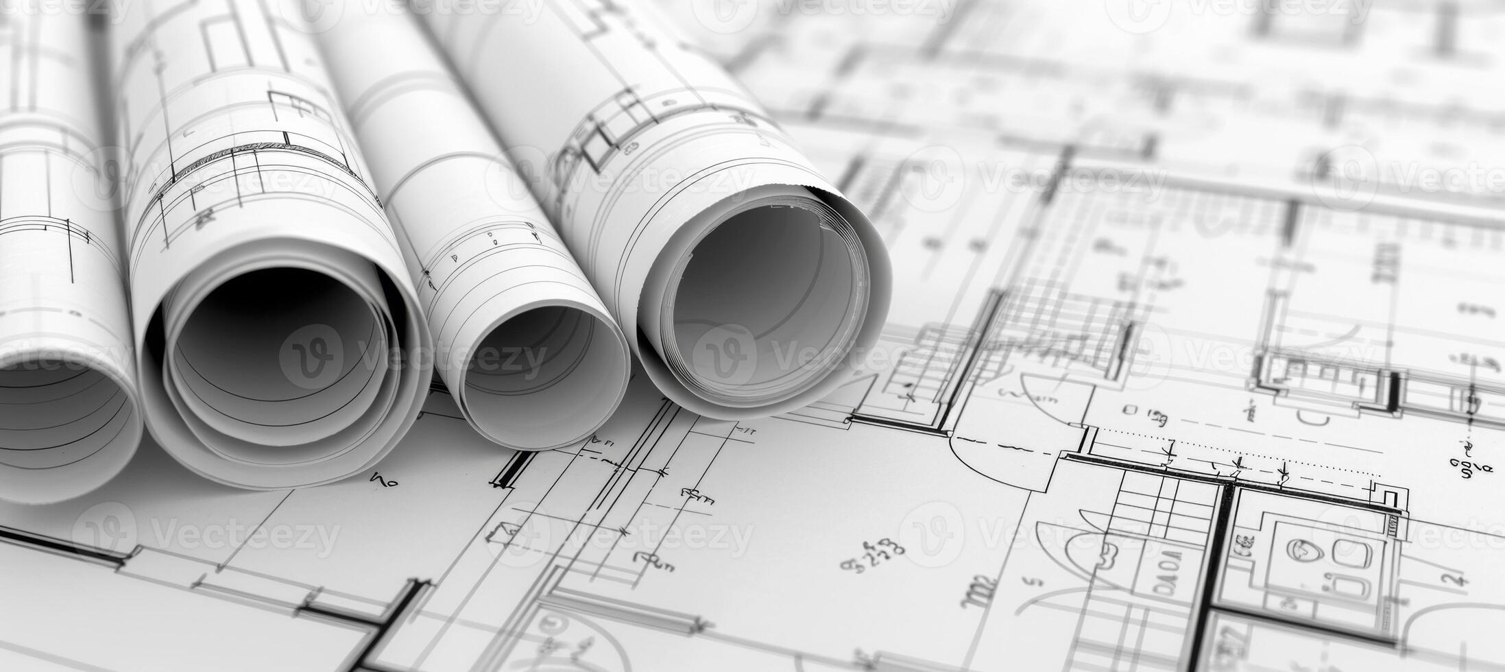AI generated Architect s blueprint and technical project drawing on rolled paper for detailed construction plans photo