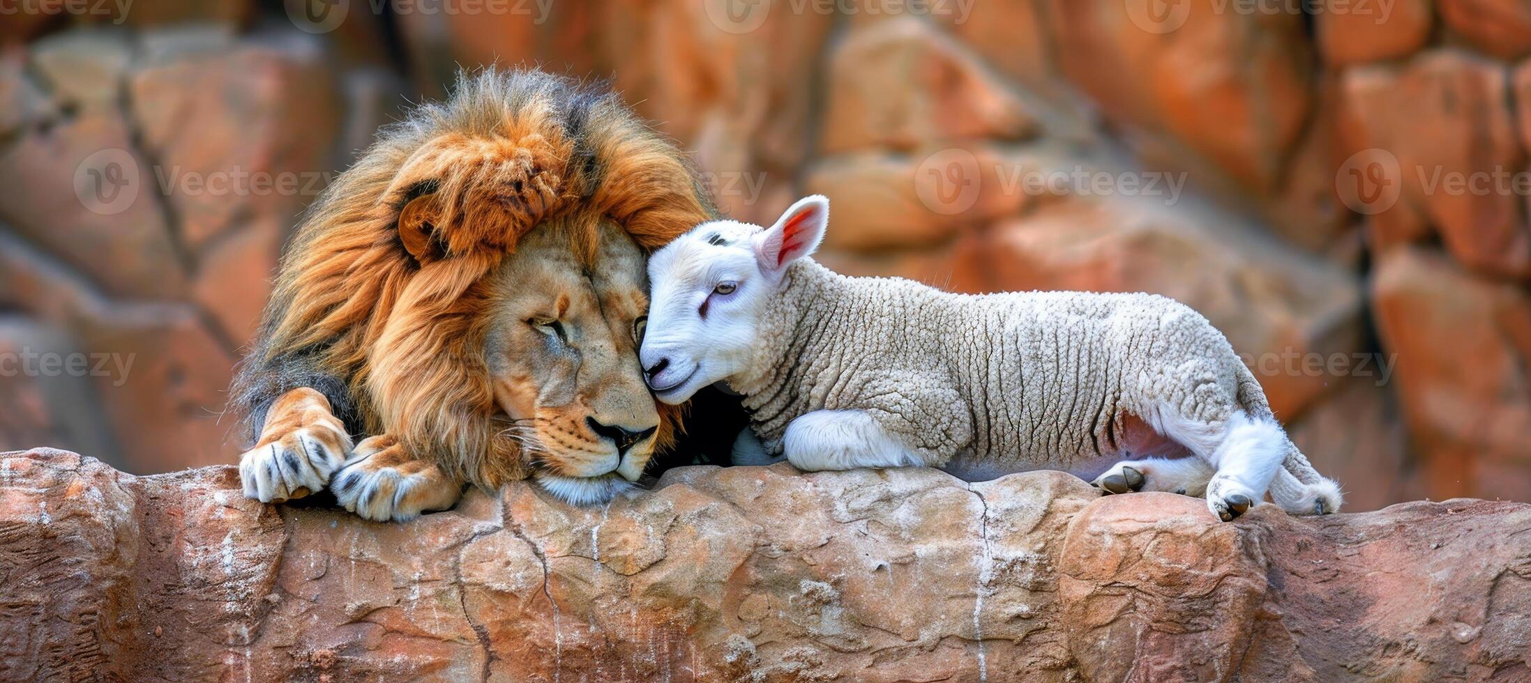 AI generated Lion and lamb peacefully coexisting in perfect harmony, symbolizing peace and unity photo