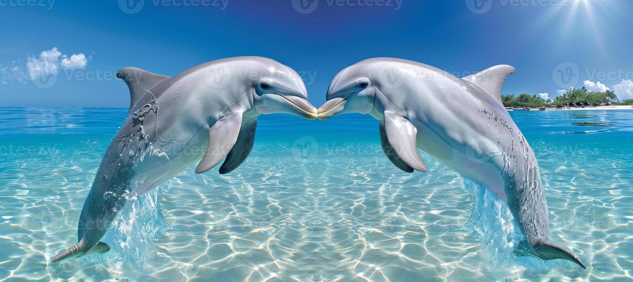 AI generated Pair of dolphins leaping in heart shape from clear tropical waters under sunlight reflection photo