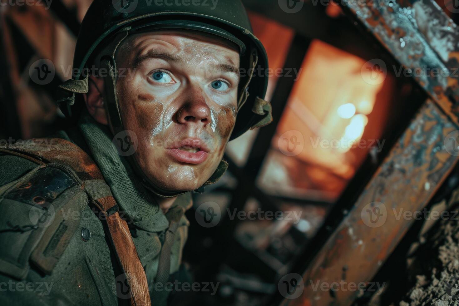 AI generated Poignant wartime portrait, sacrifice and bravery in a soldier's emotional photograph from the second great war, a powerful depiction of human toll and resilience amidst fight for liberty photo