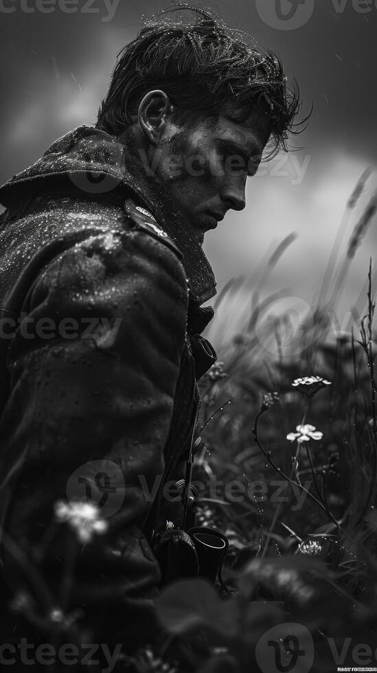 AI generated An emotional photo of a soldier from the Second Great War a tragic wartime experience, a compelling portrait reflecting the depth of suffering and heroism in the struggle for freedom.