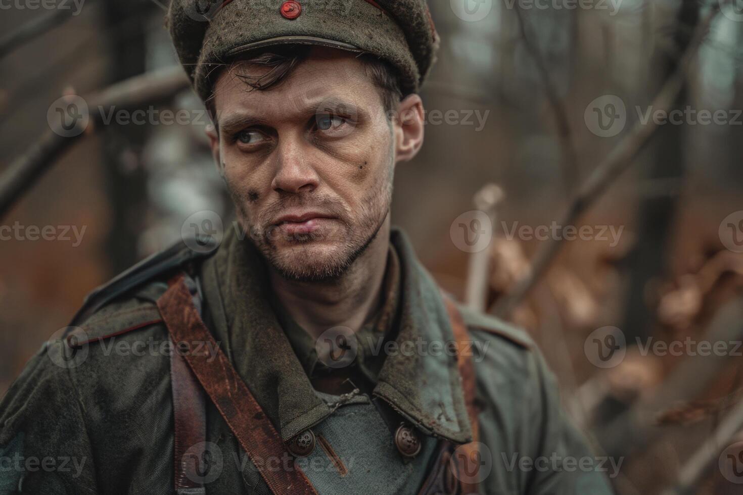 AI generated Poignant wartime portrait, sacrifice and bravery in a soldier's emotional photograph from the second great war, a powerful depiction of human toll and resilience amidst fight for liberty photo