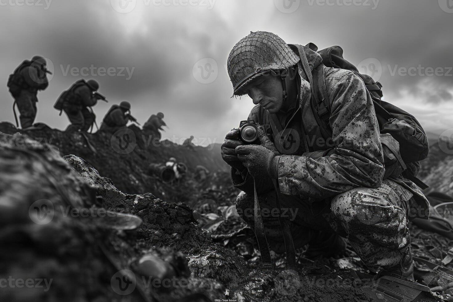 AI generated A heartfelt reflection of horror, a capturing the emotions of tragedy during the great second war, a look at the depth of emotion and fear during a difficult period in history photo