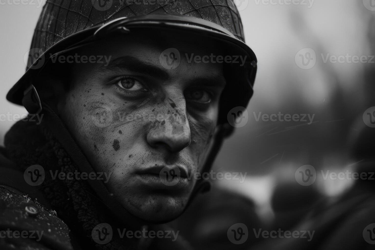 AI generated Poignant wartime portrait, sacrifice and bravery in a soldier's emotional photograph from the second great war, a powerful depiction of human toll and resilience amidst fight for liberty photo